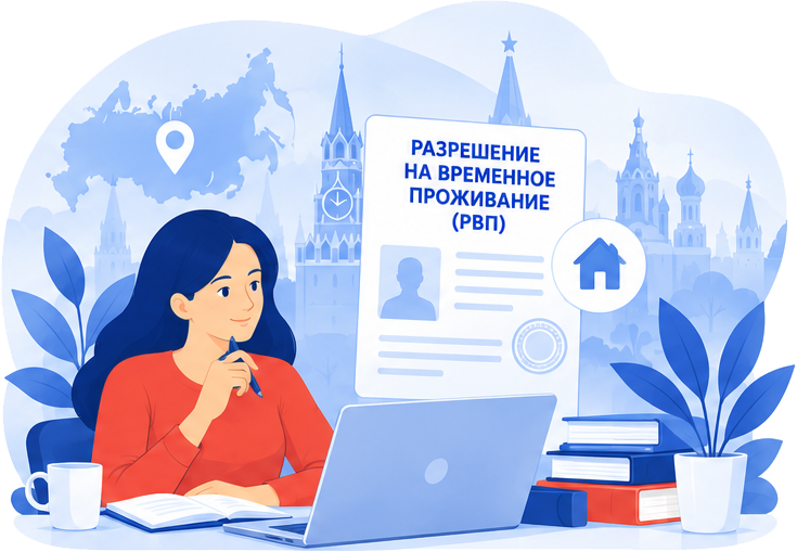 Девушка с ноутбуком оформляет разрешение на временное проживание