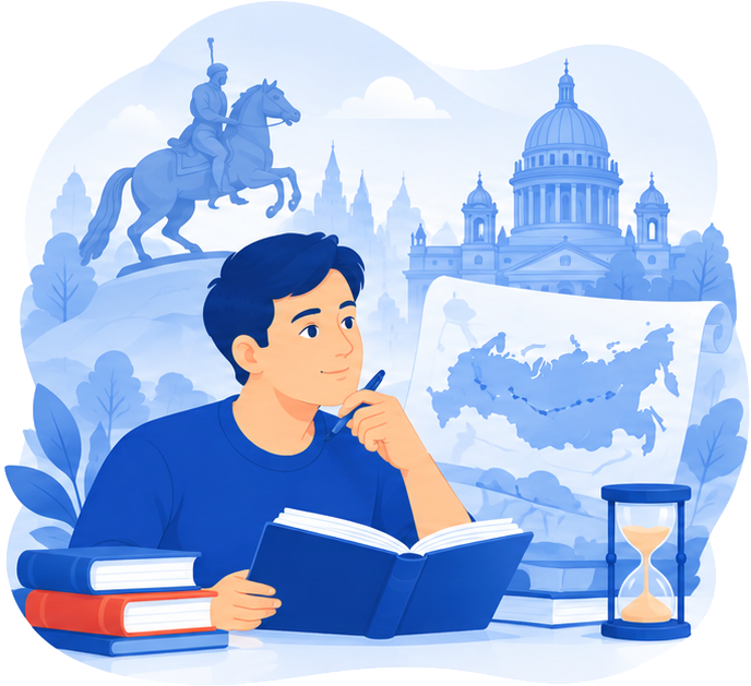 Студент изучает историю России на фоне Петербурга и карты