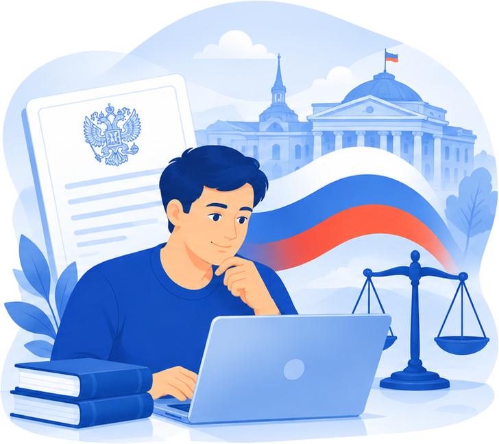 Студент изучает законодательство на фоне флага и весов правосудия