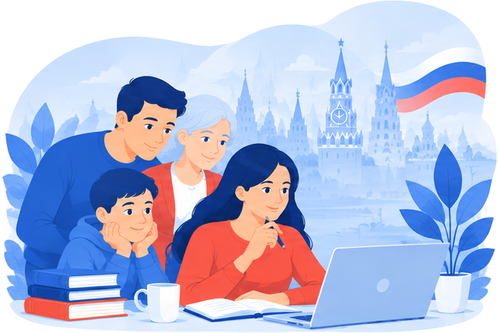 Семья с ноутбуком оформляет визу родственнику
